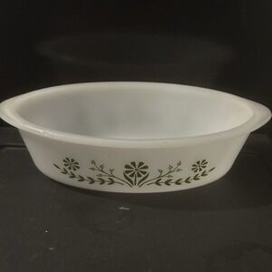 Vintage Glasbake Green Crazy‎ Daisy Casserole Dish J235 Oval